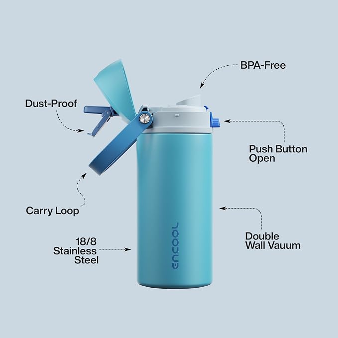 Insulated Water Bottle with Straw - Encool Stainless Steel Water Bottle with Push Button Lid, Leak-Proof & BPA-Free, Keeps Cold for 24 Hours for Sports, Travel, Gym (18 oz, Silk Blue)
