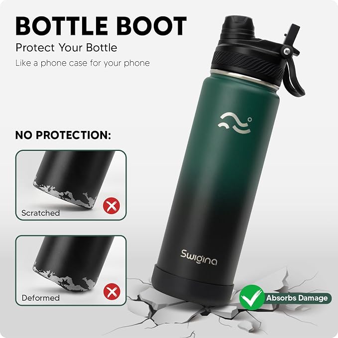 Swigina Insulated Water Bottle with Silicone Boot (36hrs Cold/18hrs Hot) - DIY Stickers, [2-in-1 Lid], BPA Free, 24 oz