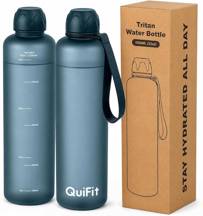Slim Water Bottle 32 OZ with Stainless Steel Lid, Dishwasher Safe 1 Liter Plastic Water Bottle BPA-Free, Leakproof Lightweight with Time Marker, Reusable for Running School Sport Gym Travel Hiking