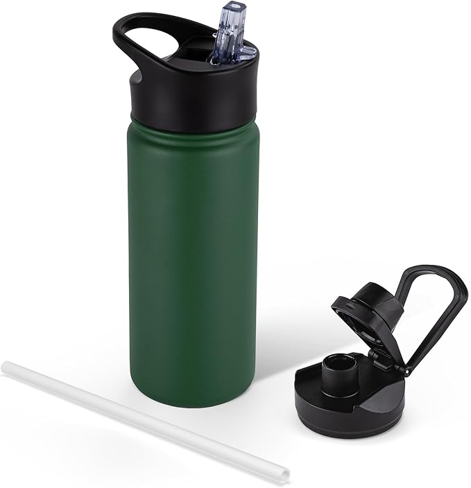 16 oz Insulated Water Bottle for School, Straw & Spout Lid, Keep Cold 24H, Spill Proof, BPA-Free, Double Wall Stainless Steel Kids Water Bottles for Sports, Gym, Travel, Dark Green