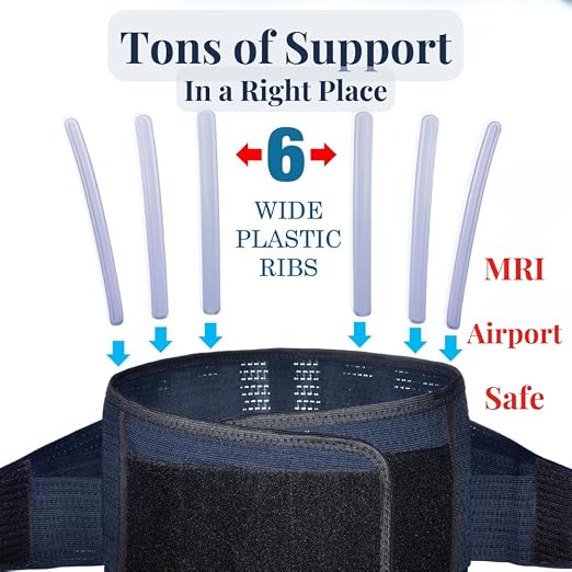 AVESTON Back Support Lower Back Brace for Back Pain Relief: Thin Breathable Rigid 6 ribs Adjustable Lumbar Support Belt for Men/Women Keeps Spine Straight and Safe – Large