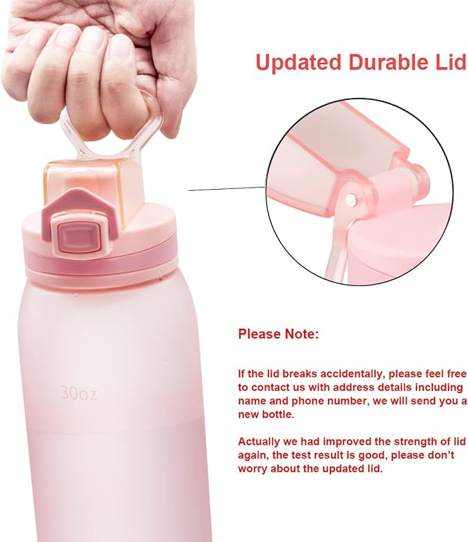 30oz Water Bottle with Time Markers and Filter, BPA Free Large Durable Portable Plastic Bottle for school (Pack of 1)