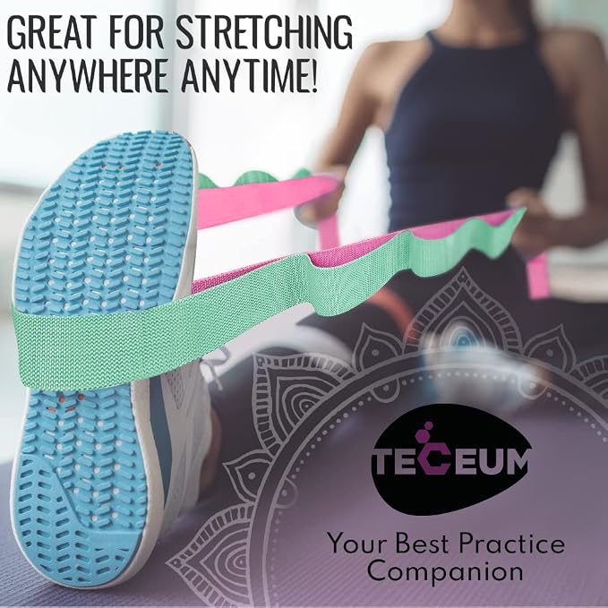 TECEUM Stretching Strap with 10 Loops for Physical Therapy & Rehab | Non-Elastic Yoga Stretch Band for Hamstring, Leg, Hip & Knee Rehab, Pilates, Flexibility & Mobility Exercises for Men & Women