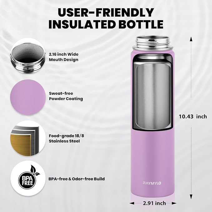 RAYMYLO Insulated Water Bottle 24 oz, Triple Wall Vacuum Stainless Steel | (Cold for 24Hrs, Hot for 12Hrs), Leak Proof & Non-BPA, Modern Water Flask Jug with Paracord Handle & Straw Spout Lids