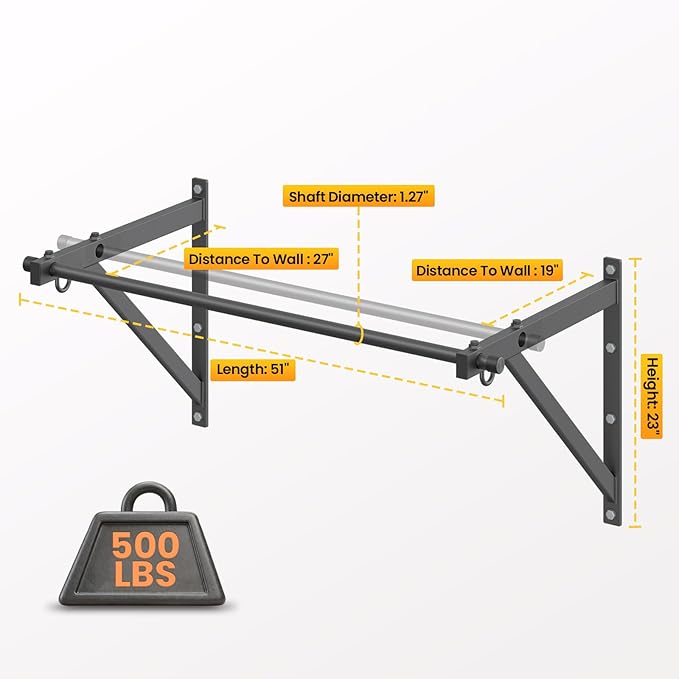 Wall Mounted Pull Up Bar with 500LBS Weight Capacity | 51" Length Chin Up Bar, Easy to Install, Adjustable Strength Training Pull-Up Bars, Reinforced Thick Metal Construction