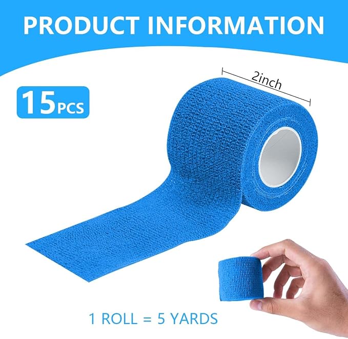 KISEER 15 Pack 2 Inch x 5 Yards Blue Self Adhesive Bandage Breathable Cohesive Bandage Wrap Rolls Elastic Self-Adherent Tape for Stretch Athletic, Sports, Wrist, Ankle