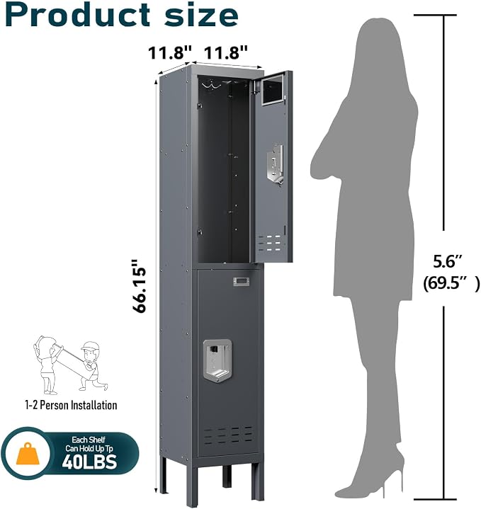 BUTISOW Metal Storage Locker with Lock & Card Slot Locker - Secure Lockable Door - Steel Locker for School, Office, Gym, Home - 66.15" H x 11.8" W x 11.8" D（2 Door, Grey）