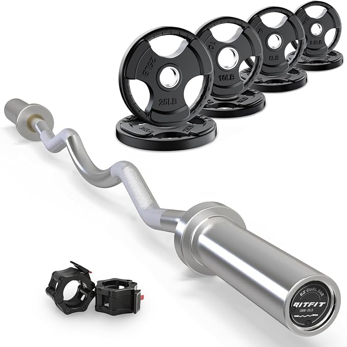 RitFit 2 Inch EZ Curl Bar Olympic Barbell with Weight Plates & Collar | 4FT EZ Curl Bar with 35LB Weight Plates, Collars for Bicep, Tricep Workout, Weightlifting, 350LBS Weight Capacity