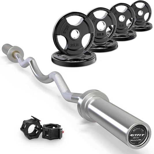 RitFit 2 Inch EZ Curl Bar Olympic Barbell with Weight Plates & Collar | 4FT EZ Curl Bar with 35LB Weight Plates, Collars for Bicep, Tricep Workout, Weightlifting, 350LBS Weight Capacity
