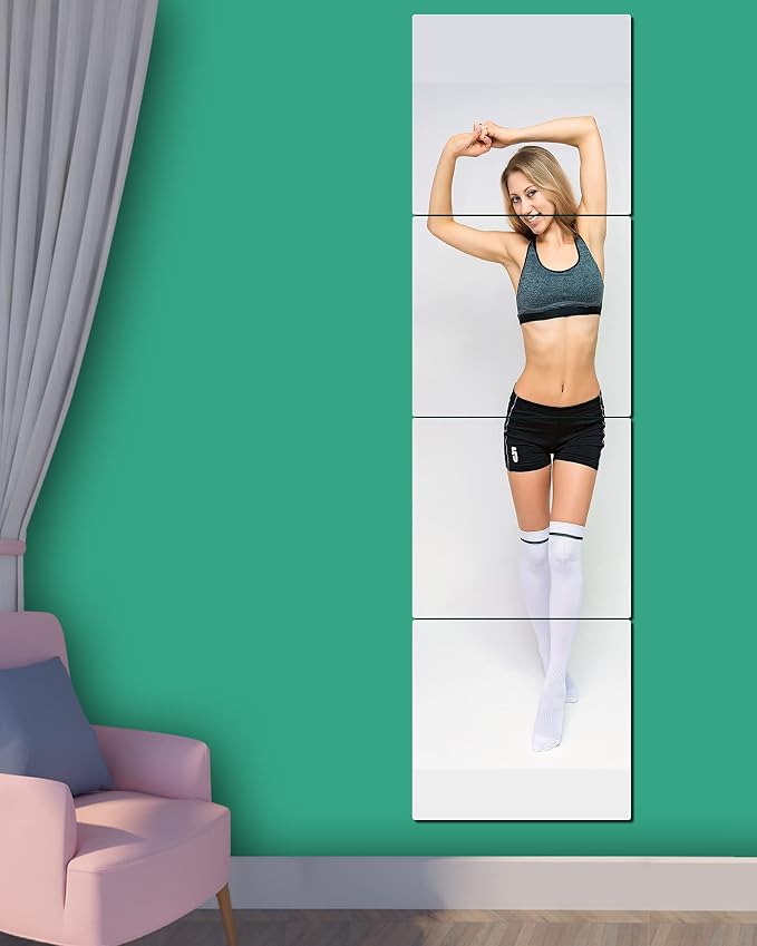 Unbreakable Full Length Wall Mirror Tiles, Over The Door Mirror, 4 PCS 14 x 12 Inch, Full Body Mirrors for Kids, Made of Shatterproof Acrylic Plastic, Long Bedroom Closet Workout Mirrors for Home Gym