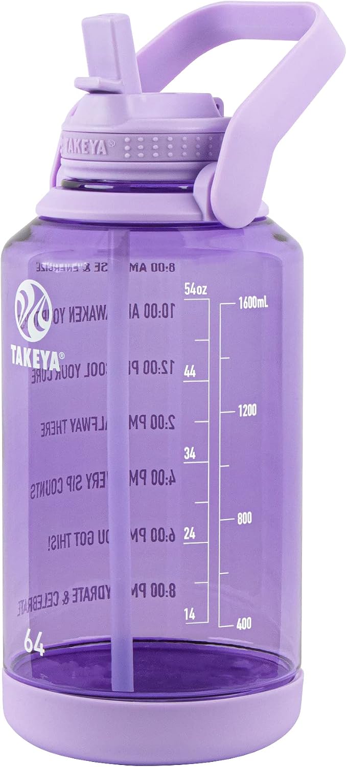 Takeya Motivational Water Bottle with Straw Lid and Time Marker (64 oz, Vivacity Purple) - Leakproof, BPA Free Water Bottle for Daily Intake Tracking