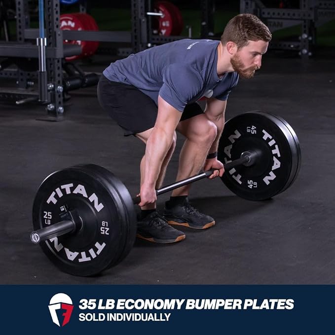 Titan Fitness Economy Series Black Olympic Bumper Plates, Durable Rubber Exterior with Steel Core, Weightlifting and Strength Training Weight Plate
