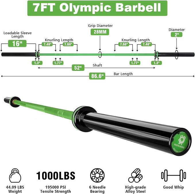 7ft Olympic Barbell 28mm 45lb – 500/700/1000LB Bar for Home Gym | Ceramic coated steel. Smooth spinning sleeves. Fits 2" plates. For snatch, clean and jerk, squats, deadlifts, bench press.