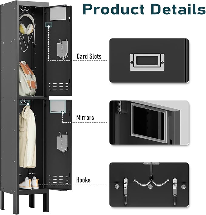 BUTISOW Metal Storage Locker with Lock & Card Slot Locker - Secure Lockable Door - Steel Locker for School, Office, Gym, Home - 66.15" H x 11.8" W x 11.8" D（2 Door, Black）