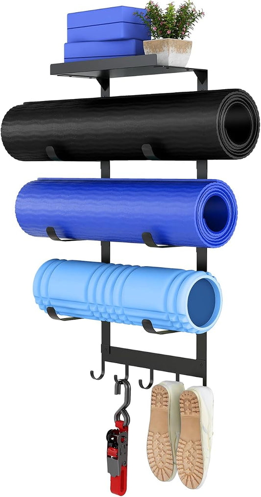 LSK Yoga Mat Holder Wall Mount, 4-Tiers Yoga Mats Storage, Black | Home Gym Storage Rack with Floating Shelf for Storing Fitness, Yoga Rollers, 5 Hooks for Skipping-Rope, Small Gym Equipment