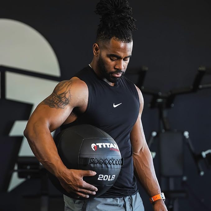 Titan Fitness 20 LB Composite Wall Ball, Soft Shell Poly-Composite Laminate Cross Texture Non-Slip Grip, Tight Stitching, Medicine Ball for Core, Full-Body, Functional Workouts, Exercise Ball