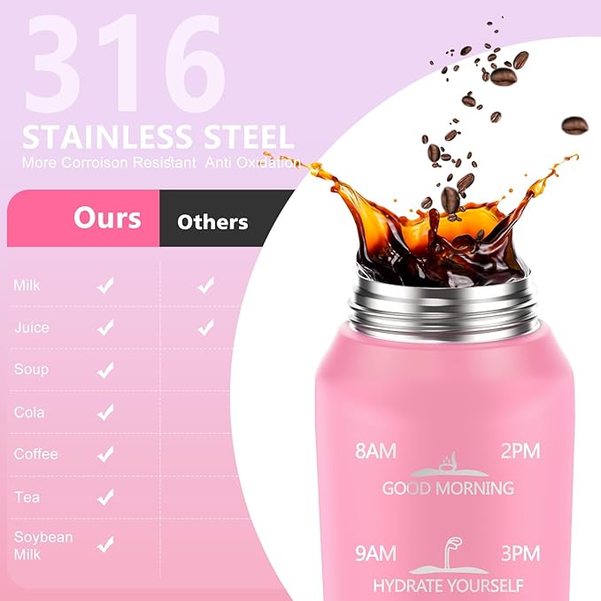 SLUXKE 32oz Insulated water bottle with 2 Lids (Straw and Chug Lid), 18/10 Stainless Steel Water Bottle BPA Free, Double Wall Vacuum Wide Mouth Insulated Water Bottle for Men, Women & Kids PINK WHITE