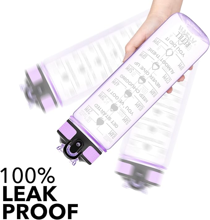 Hyeta Water Bottle with Straw & Time Marker, Plastic 32oz Leakproof | Motivational Tritan BPA Free Gym Office Outdoor Intake Tracker Hourly Reminder Straw Lid Carry Strap