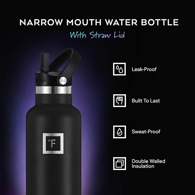 IRON °FLASK 24 oz Narrow Mouth Water Bottle with Straw | Insulated Stainless Steel Sports Water Bottle with Leakproof Straw Lid - BPA Free, Cold 24 Hrs, Sweat Free (Midnight Black)