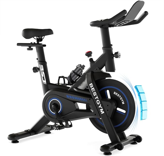 Exercise Bike, Brake Pad/Magnetic Stationary Bike with App, Low Noise Indoor Cycling Bike with 330lbs Weight Capacity, Adjustable Seat, Tablet Holder, Water Bottle Holder for Home Fitness and Weight Loss