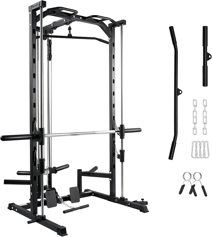 RitFit Smith Machine Power Rack with LAT-Pull Down System | Half Smith Machine with Landmine, Barbell Bar, Plate Storage Pegs and More Training Attachment