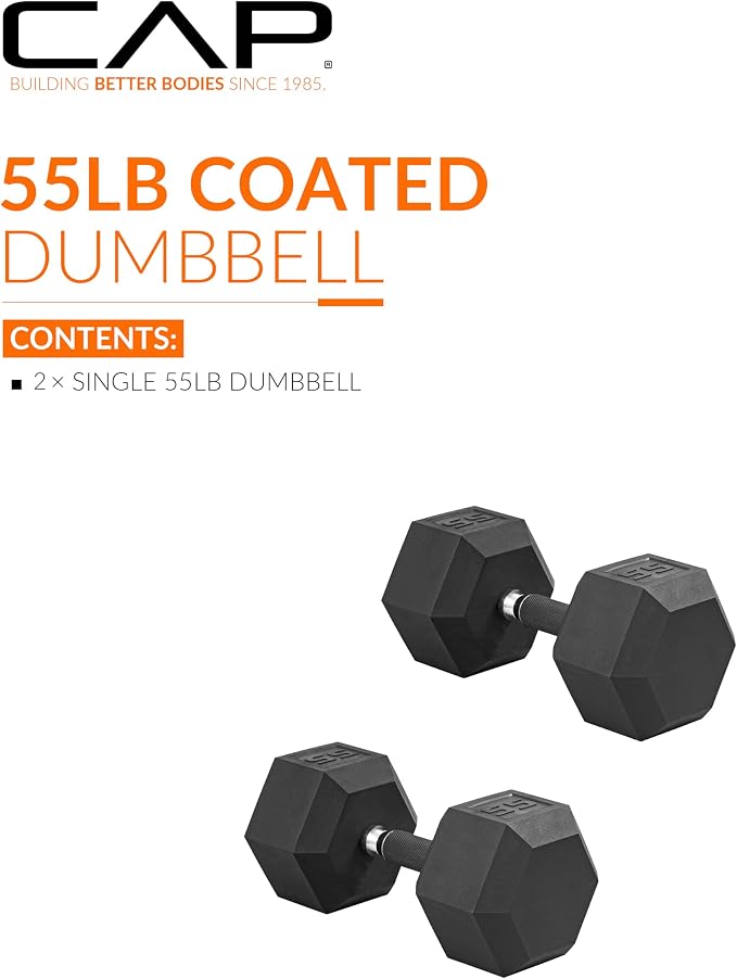CAP Rubber Coated Dumbbell Weights, Free Weights for Home Gym Strength Training, Anti-Roll Hex Dumbbells with Black, Chrome & Comfort Grip Handles, Pairs & Sets