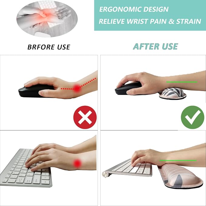Keyboard Wrist Rest Mouse Wrist Support Set, Memory Foam Wrist Rest Pad for Computer Laptop Keyboard Mouse, Ergonomic Wrist Cushion Support for Typing Pain Relief, Gaming Home Office, Leaves Buff