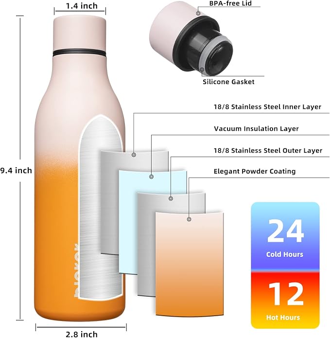 BJPKPK 18oz Insulated Water Bottle, Stainless Steel Bottle with Carry Strap | Keep Cold & Hot Vacuum Insulation, Leak-Proof BPA-Free Design, Slim Bottle Fits Most Cup Holders for Gym, Office & Travel