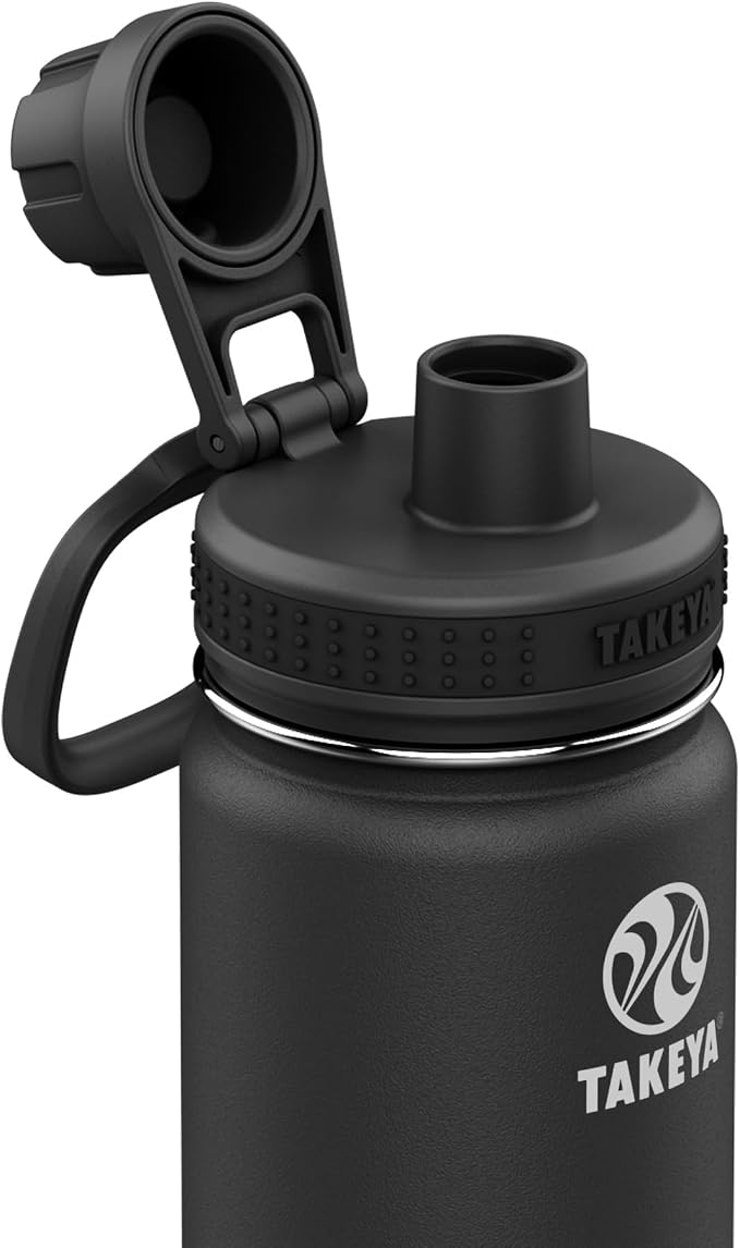 Takeya Actives Insulated Stainless Steel Water Bottle with Spout Lid, 18 Ounce, Onyx