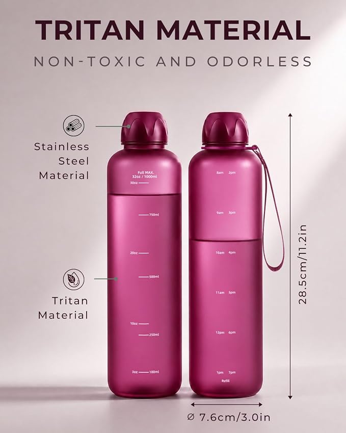 Slim Water Bottle 32 OZ with Stainless Steel Lid, Dishwasher Safe 1 Liter Plastic Water Bottle BPA-Free, Leakproof Lightweight with Time Marker, Reusable for Running School Sport Gym Travel Hiking
