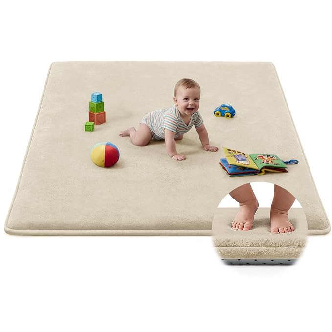 Baby Play Mat for Floor,Ultra Thick Elastic Foam 47"x47" Playmat Tummy Time Muscle Crawling Exercise Activity Cushion Gym Mat Nursery Playroom Area Kids Rug for Babies, Toddlers,Infants,Beige