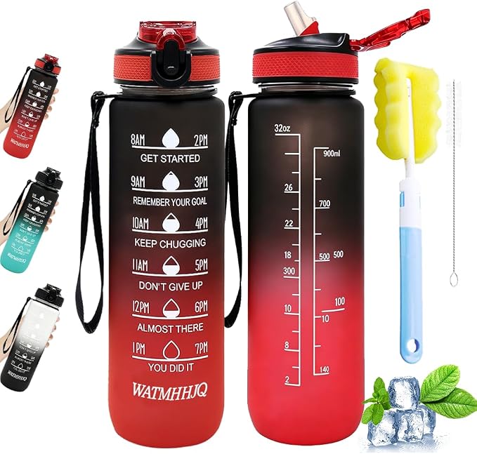 32oz Sports Water Bottle Outdoor, with Drinking Time and Capacity Labels, Sport Water Cups with Straw,BPA Free Leak Proof,for Fitness Gym Running Climbing (Black red)