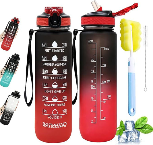 32oz Sports Water Bottle Outdoor, with Drinking Time and Capacity Labels, Sport Water Cups with Straw,BPA Free Leak Proof,for Fitness Gym Running Climbing (Black red)