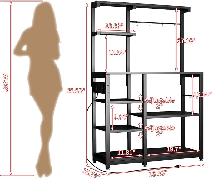 Bakers Rack with Power Outlet, 8-Tier Microwave Cart, Coffee Bar w/ 6 Hooks | 8-Tier Bakers Rack with Power Outlet, Coffee Bar Station & Microwave Cart, Metal Kitchen Storage Shelf with Wheels