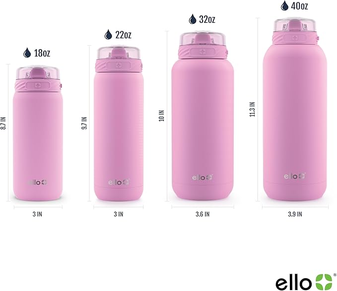 Ello Cooper 22oz Insulated Stainless Steel Water Bottle with Straw, Bubblegum
