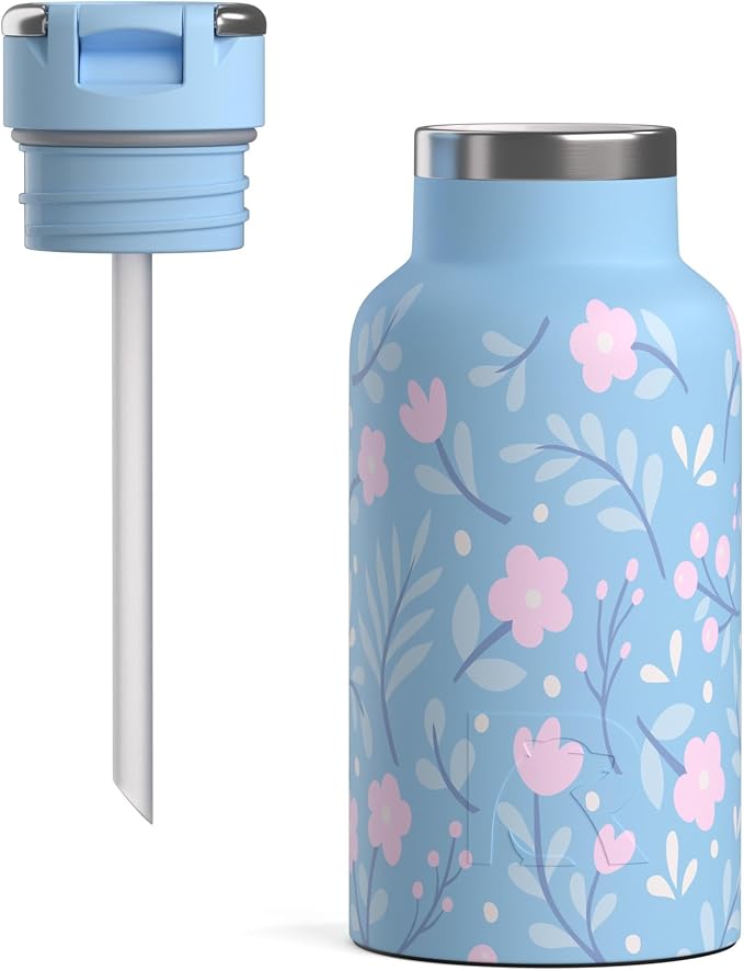 RTIC Little Journey Water Bottle with Straw, Ceramic-Lined, Insulated, Stainless Steel, Metal, Double Wall Vacuum-Insulation, Leak-Proof Lid, BPA-Free Water Flask for Sports, Travel, Blooming Blues