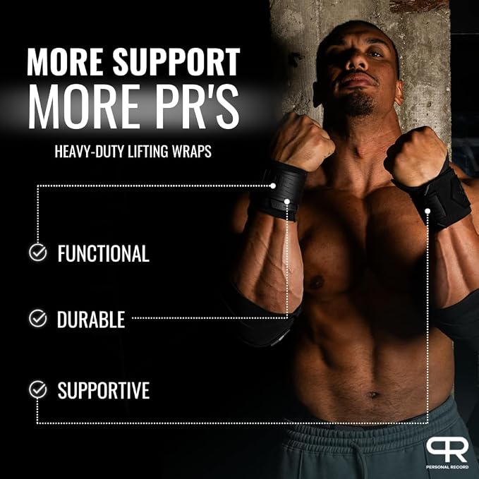 PR Personal Record Heavy Duty Premium Wrist Wraps, More Elasticity, Reinforced Stitching, Extra Wide Strap, Strong Thumb Loop, Larry Wheels Weightlifting Wraps