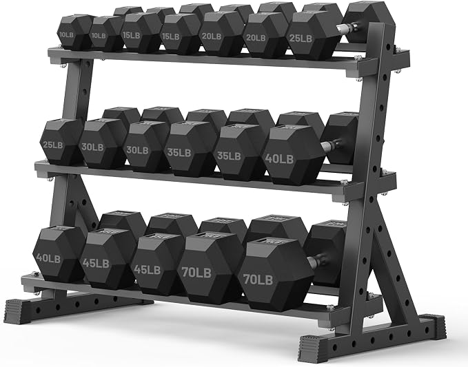PAPABABE Dumbbell Set with Rack, 540-850lb, Rubber Encased, Home Gym | Complete & Durable Cast Iron Core Odorless PVC Antiroll Hex Shape Ergonomic Chrome Handle Versatile Home Gym