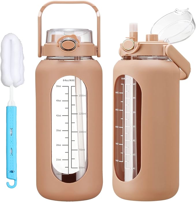 chunmo 52oz Glass Water Bolttles with Straw Half Gallon Large Motivational Water Bottle with Time Marker Sports Water Bottles with Silicone Sleeve and Handle Lid Water Jug for Gym Workout