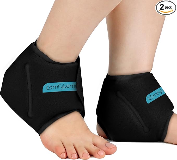 Comfytemp Ankle Ice Pack Wrap for Sprained Ankles, Plantar Fasciitis, 2pcs | FSA Eligible HSA, Foot Pain Relief, Reusable Gel Ice Hot Cold Compress Brace for Achilles Tendonitis, Injury, Swelling, Black