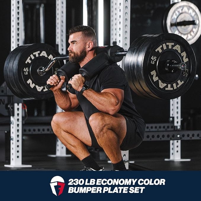 Titan Fitness Economy Series Black Olympic Bumper Plates, Durable Rubber Exterior with Steel Core, Weightlifting and Strength Training Weight Plate