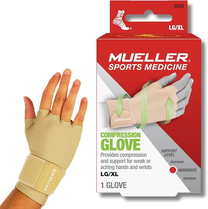 MUELLER Sports Medicine Compression Glove for Men and Women, Hand & Wrist Pain Relief Support, Ideal for Carpal Tunnel, Arthritis, Fits Right or Left, Beige