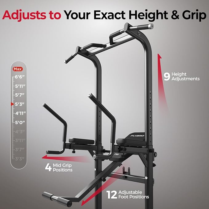 FLYBIRD 800LBS Heavy Duty Power Tower Dip Station, Adjustable Height Pull Up Stand with Crunch Leg Raise, Multifunction Strength Training Equipment for Home Gym Back Workout