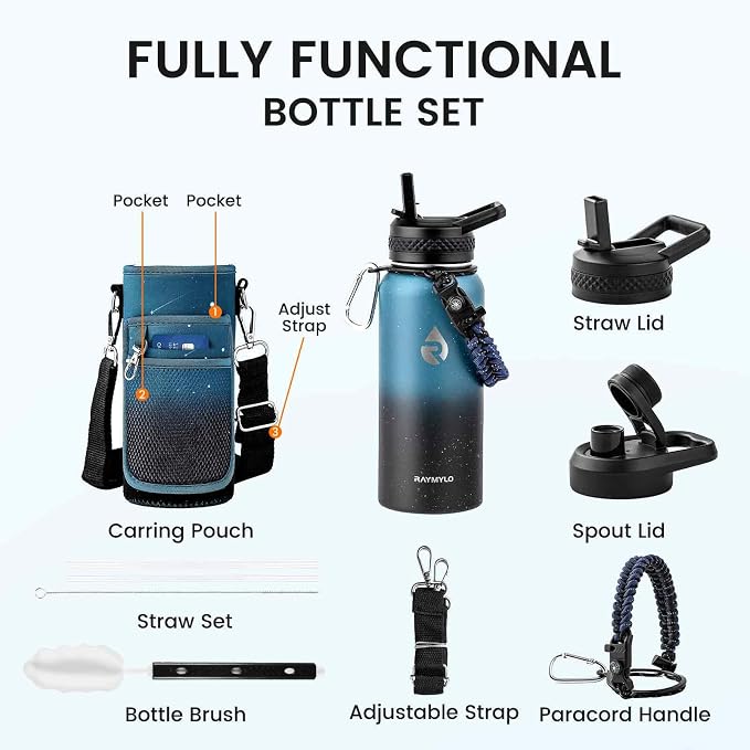 RAYMYLO Insulated Water Bottle 32 oz, Triple Wall Vacuum Stainless Steel | (Cold for 24Hrs, Hot for 12Hrs), Leak Proof & Non-BPA, Modern Water Flask Jug with Paracord Handle & Straw Spout Lids