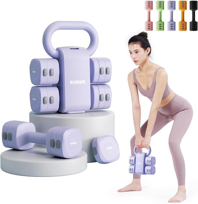 Lightweight Adjustable Dumbbell Kettlebell Set - 4 in 1 Free Weight Set with Kettlebell Grip Converter, Each 2.2 3.3 4.4 5.5lb Quick Change Weight Women Dumbbell Set for Small Spaces Home Gym
