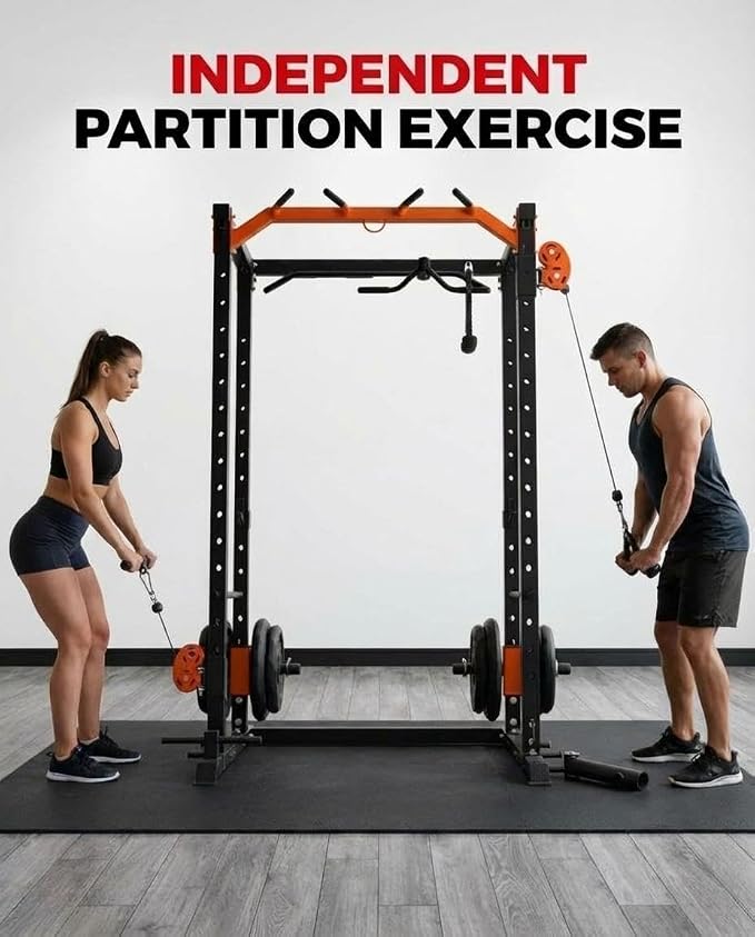 Power Cage with LAT Pulldown & Cable Crossover System, 2000LBS Multi-Functional Power Rack, All-in-1 Weight Cage Home Gym with Adjustable Pulley System, Squat Rack for Garage, Home