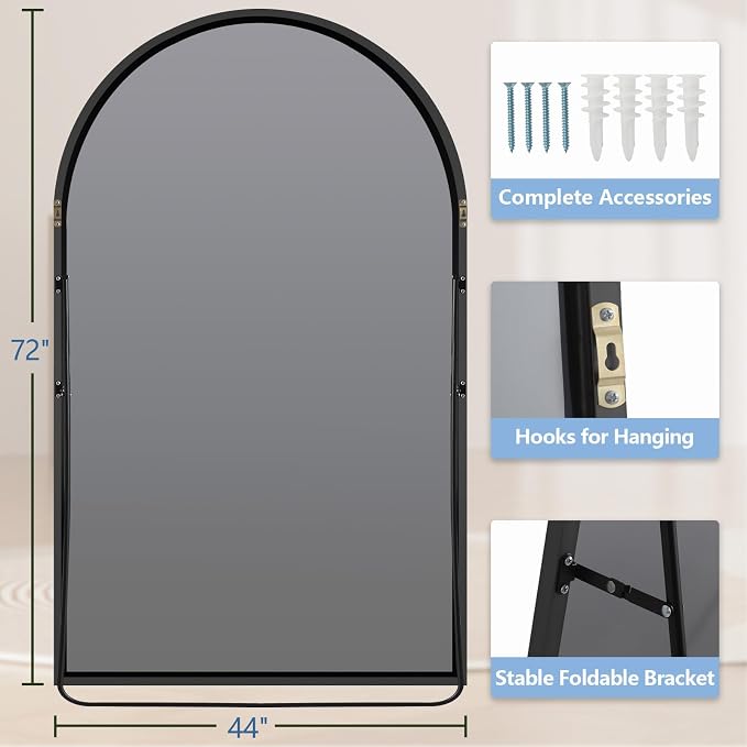 MirrMuse Oversized Floor Mirror Full Length with Stand, 72"X44", Arched | Extra Large, Tempered Glass, for Bedroom Living Room Gym, Black Aluminum Alloy Frame, Hanging or Leaning