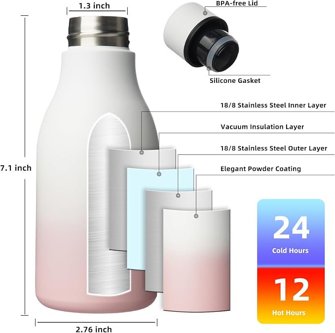 BJPKPK 12oz Insulated Water Bottle, Stainless Steel Bottle with Carry Strap | Keep Cold & Hot Vacuum Insulation, Leak-Proof BPA-Free Design, Slim Bottle Fits Most Cup Holders for Gym, Office & Travel