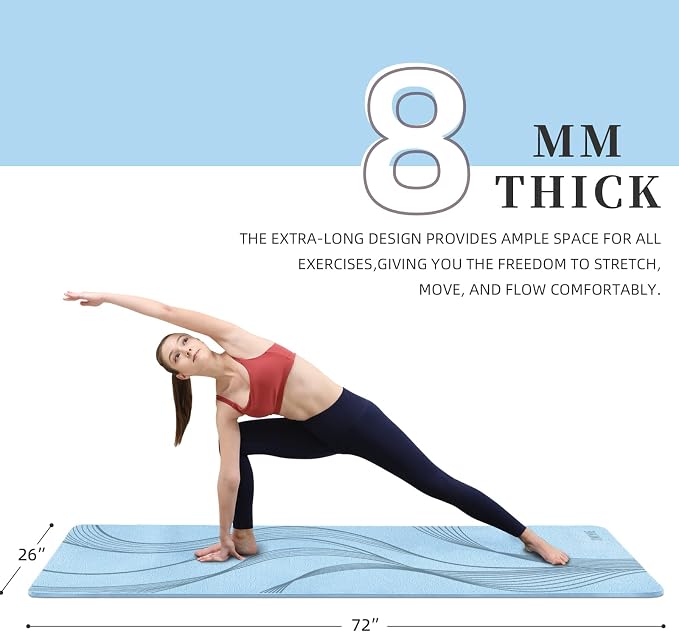 Yoga Mat Extra thick 8mm Exercise mat, Soft Lightweight TPE Fitness Mat with strap, High Elasticity, Anti-fatigue,non-slip mat for Women, Yoga, Camping, Travel, Gym & Outdoor | 72"L x 0.32"Th