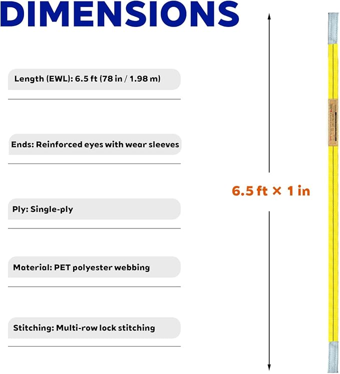 Polyester Web Sling Lifting Straps, 2 Pack 6.5 FT x 1 in Eye and Eye Lifting Slings, Flat Rigging and Hoist Straps, WLL 2200 lb Vertical, 1760 lb Choker, 4400 lb Basket